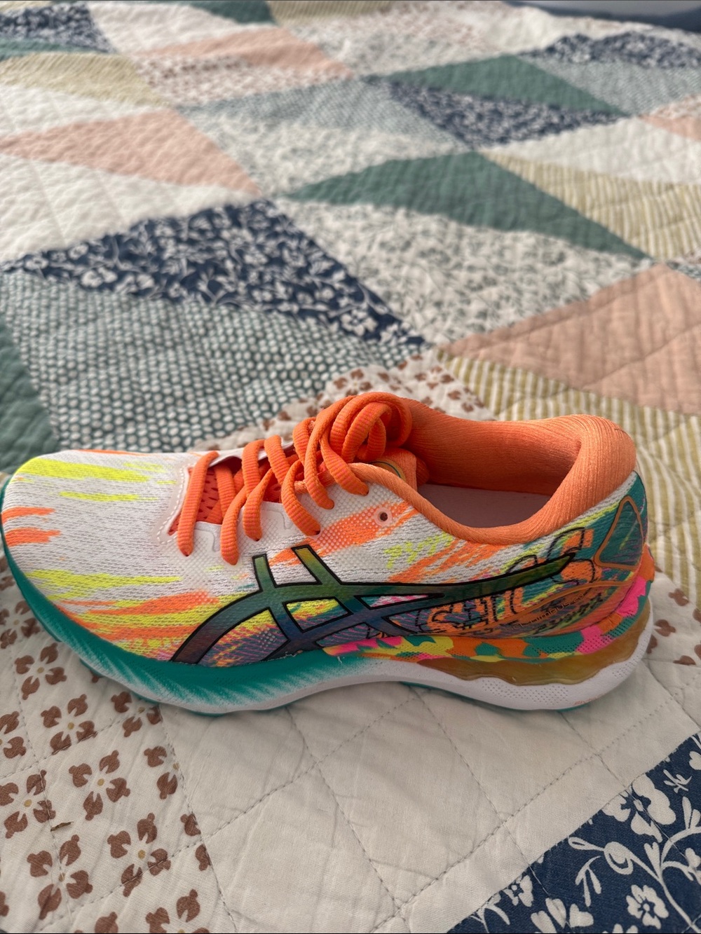 Asics White Athletic Shoes with Bright Orange Laces and Neon Yellow Accents - Picture 4 of 5